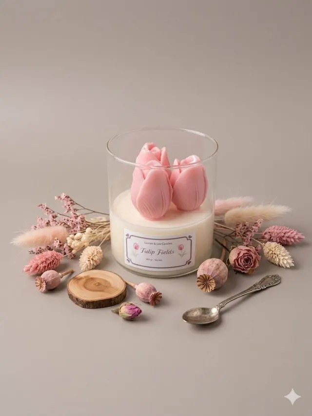 Lumen and Lux Candles Luxe Geurkaars met Tulpdesign – Handgemaakt | Stijlvolle Glazen Pot met Houten Deksel - Moederdag Ivoor, Roos