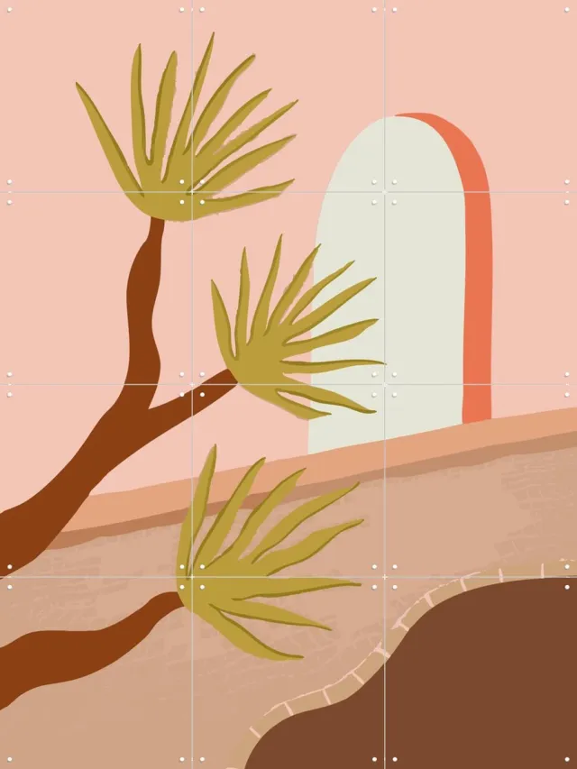 IXXI Plants by the Pool, Palmartprints - 60 x 80 cm - Grote wanddecoratie en posters - Grafisch Ontwerp, Minimalisme, Illustraties, Kleurrijk, Speels Roze