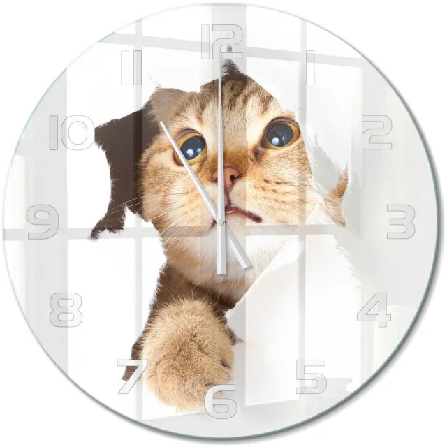 TULUP Wandklok - Kat in het gat Glazen Klok Met Print - fi60 cm - Beige Wandklok Glas Met Motief - Witte handen - Ronde Klok - Wandklok Glas Decoratie - Gekleurde Glazen Klok