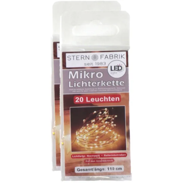 Stern fabrik 2x stern fabrik draadverlichting zilver- 20 leds wit -batterij- 100 cm