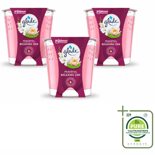 Glade 3 x Glade - Geurkaars Relaxing Zen - 100% Raapzaadwas - 112 g - Grootverpakking - Vaatwasstrips - Geurkaars Rust - Geurkaars Ontspanning - Geurkaars Zen - Geurkaars Natuurlijk - Geurkaars Vegan lichtblauw