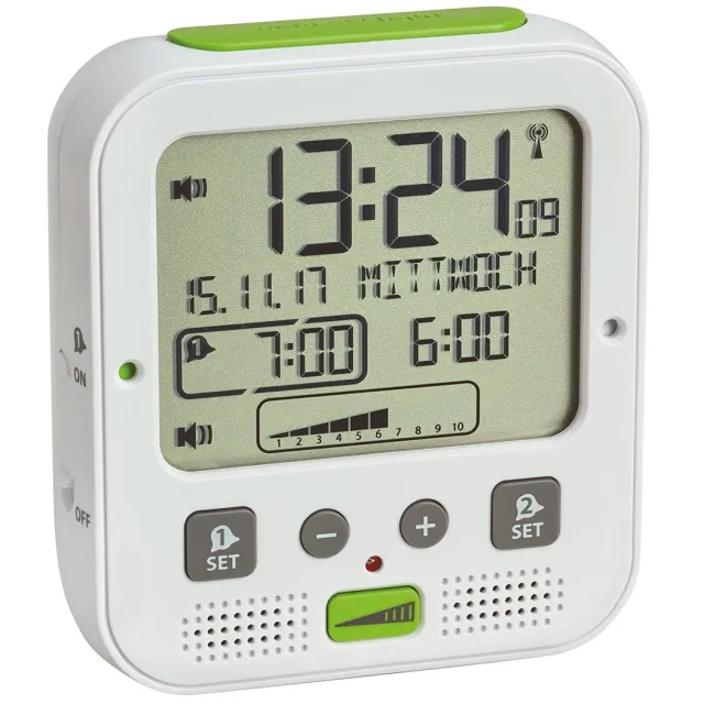 TFA Dostmann 60.2538.02 Wekker Zendergestuurd Wit, Groen Alarmtijden: 2