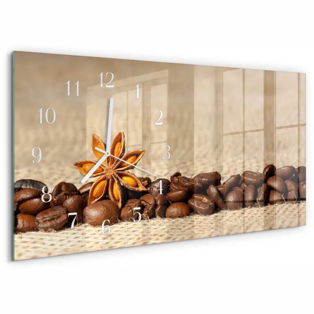 TULUP Wandklok - Koffiebonen Moderne Glazen Wandklok - 60x30 cm - Bruin Wandklok Glas Met Motief - Witte Handen - Rechthoekige Wandklok - Glazen Wandklok Design - Klok Glas Met Opdruk Bruin - Koffiebonen