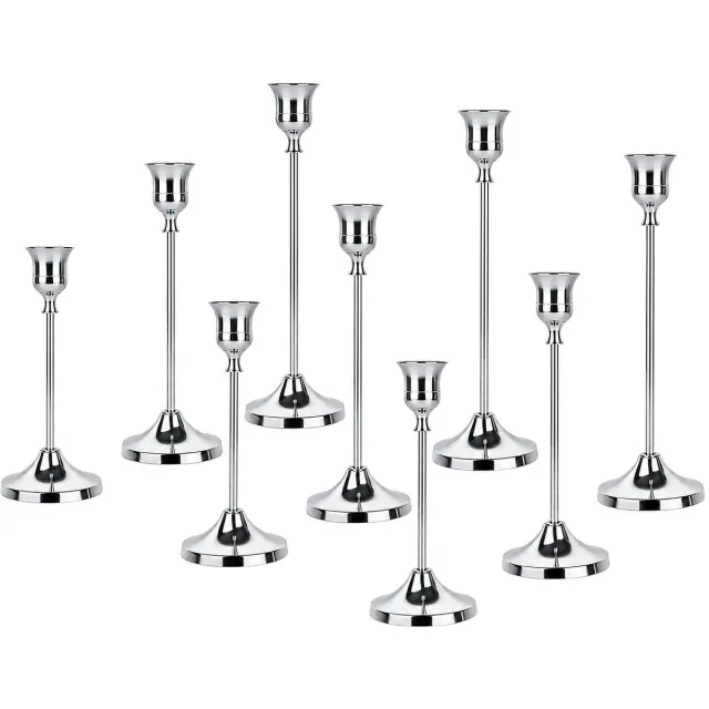 Famanu Set van 9 metalen kandelaars voor taperkaarsen, vintage stijl voor bruiloften en diners Zilver