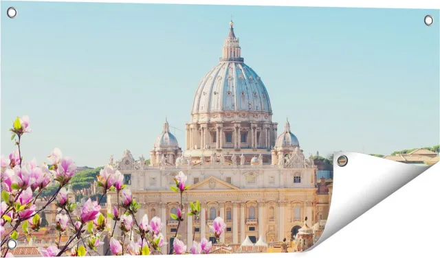 Gards Tuinposter Sint Pietersbasiliek in Rome met Bloemen - 80x40 cm - Tuindoek - Tuindecoratie - Wanddecoratie buiten - Tuinschilderij Multikleur