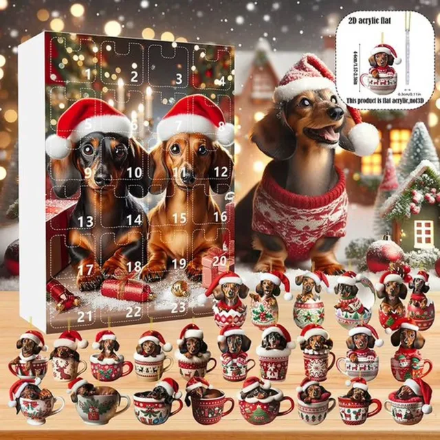 Mrilary Dachshund Kerstadventskalender - 2D Acryl Dachshund Ornament - 24-daagse Kerstcountdownkalender - Kerstboomhanger - Stijl C