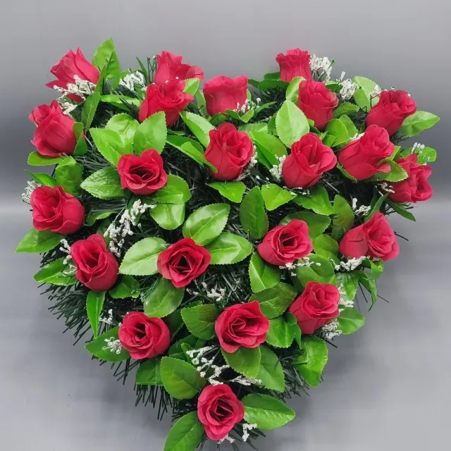 Herdenkingslichtjes Bloemstuk - W847/07 - Hart - Roos - Donkerrood - 40cm - Verzwaard - Buigzaam - Grafdecoratie Donker Rood