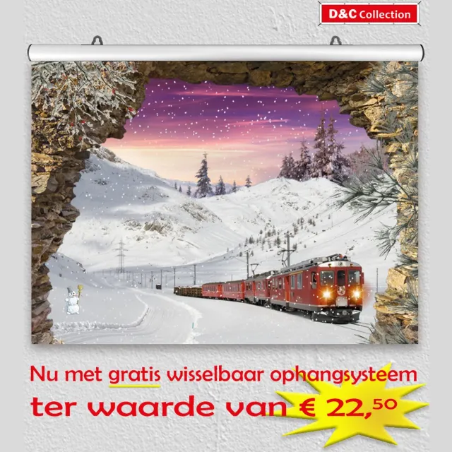D&C Collection poster - kerst poster - 85x65 cm - doorkijk - gat in rots trein door winterlandschap - winter poster - kerst decoratie multi