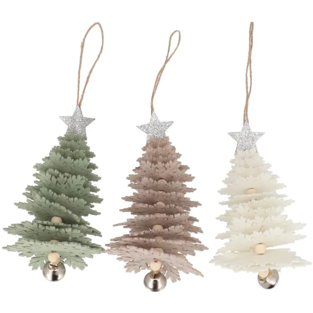 DK design Daan Kromhout - Set van 3 - Kersthangers - Kerstboom - Vilt & Hout - Met Belletje - 11x30 cm - Groen,Wit,Taupe