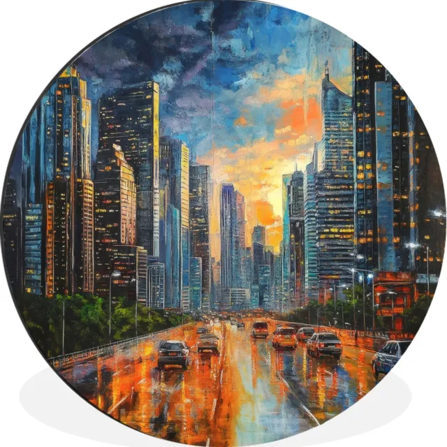 WallCircle Wandcirkel - Muurcirkel - Auto - Skyline - Zon - Blauw - Aluminium - Dibond - 120x120 cm - Binnen en Buiten Auto - Gebouwen