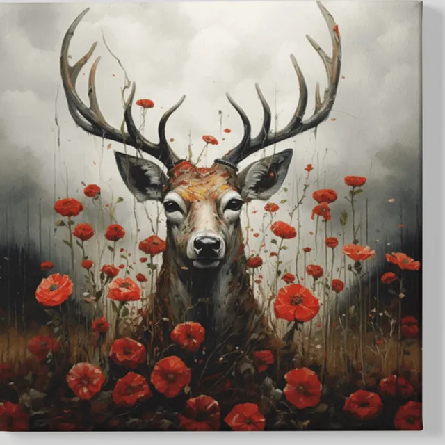 Trendex Global Vierkant Canvas Schilderij - Hert en Bloemen - Dieren - 40x40x2 cm Bruin