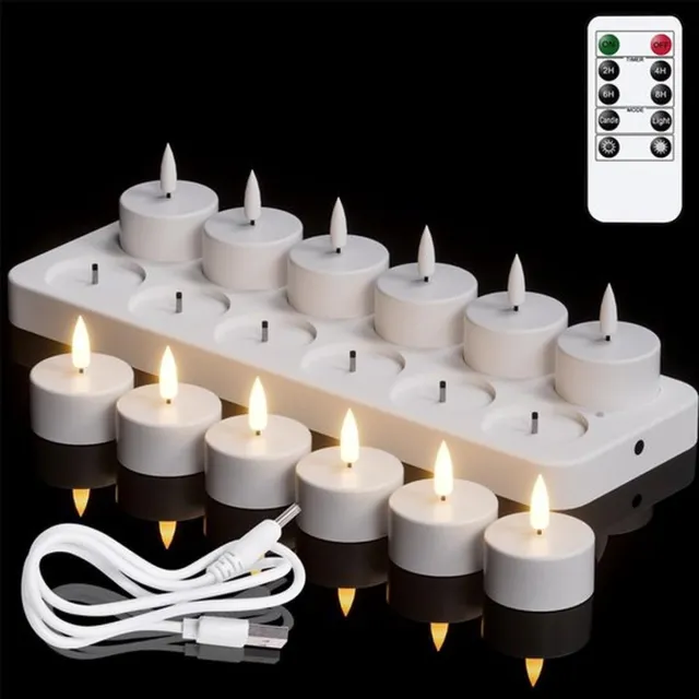 Zyronn Oplaadbare Theelichtjes Met Afstandsbediening En Timer, 12 Stuks Op Batterijen Werkende 3D-lont Flikkerende Vlamloze Kaarsen Met Oplaadstation Voor Halloween-kerstdecoratie (4 X 4,7 Cm) 12 stuks - met afstandsbediening