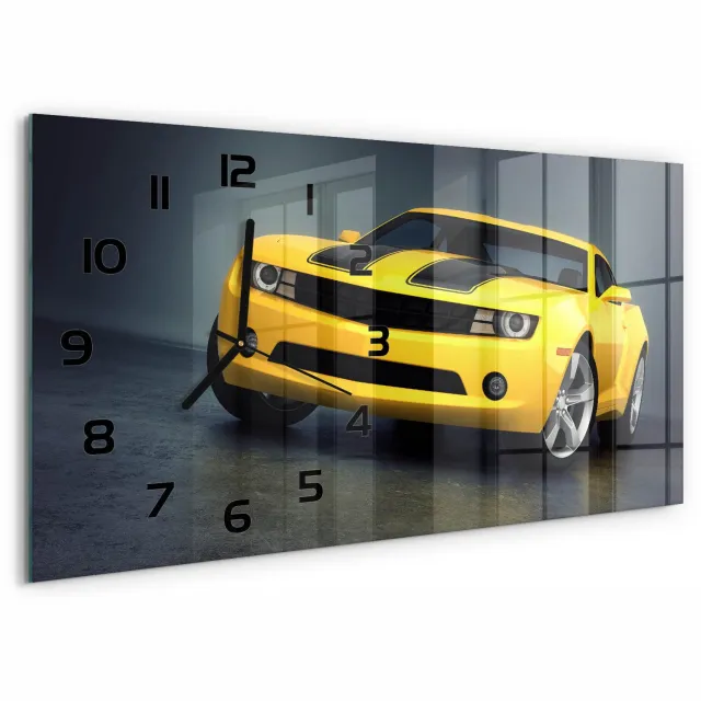 TULUP Wandklok - Sportwagen Klok Glas Met Opdruk - 60x30 cm - Geel Moderne Wandklok Glas - Zwarte handen - Rechthoekige Klok - Decoratieve Glazen Klok - Glazen Wandklok Design