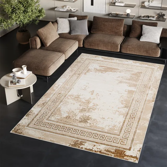 Tapiso Ares Vloerkleed Beige Bruin Laagpolig Woonkamer Frame Oriental Tapijt Maat- 120x170