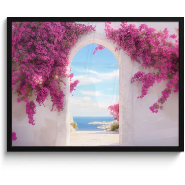 FrameYourWall Poster in lijst - Fotolijst 70x50 cm - Posters - Zee - Roze - Bloemen - Poort - Posterlijst zwart - Decoratie - Wanddecoratie woonkamer - Muurdecoratie slaapkamer Witte poort - Roze bloemen