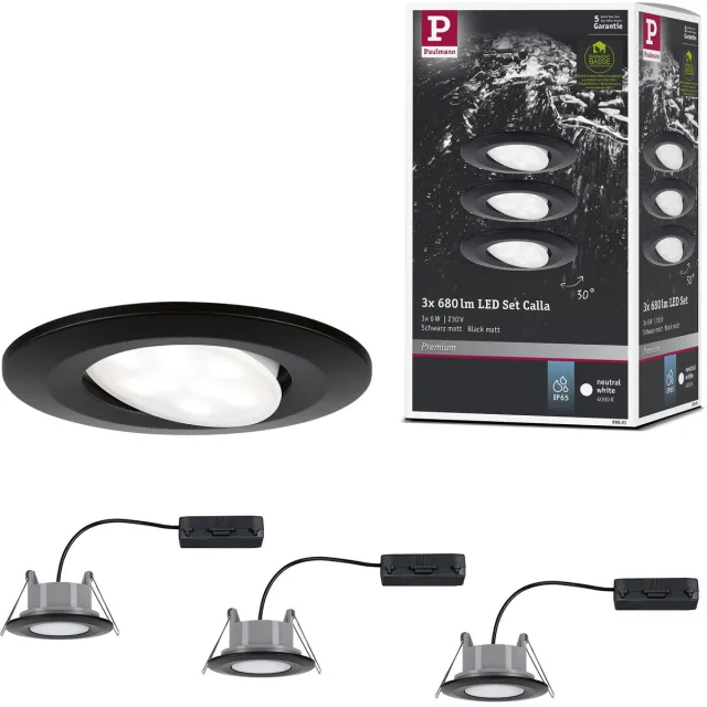 Paulmann LED-inbouwlamp Calla Basisset zwenkbaar IP65 rond 90 mm 3x6W 3x530lm 230V 4000K Zwart mat