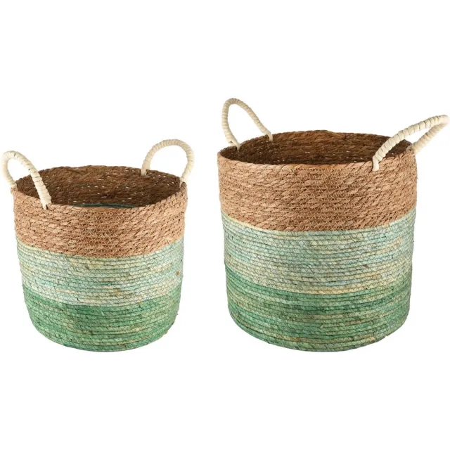 dekoratief Set 2 manden m/handvaten, naturel/groen, jute, 40x40x34cm | A250083