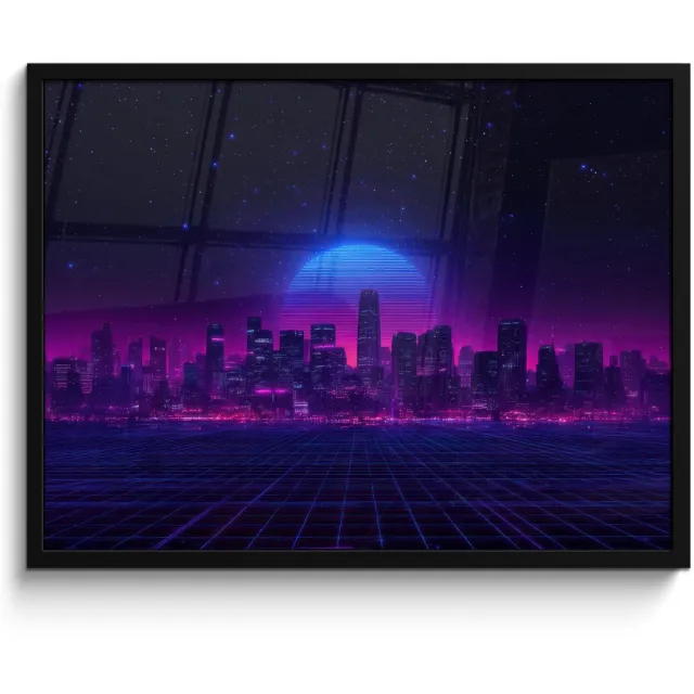 FrameYourWall Poster in lijst - Fotolijst 80x60 cm - Posters - Skyline - Zon - Neon - Rasterpatroon - Posterlijst zwart - Decoratie - Wanddecoratie woonkamer - Muurdecoratie slaapkamer Stad - Sterrenhemel - Neon