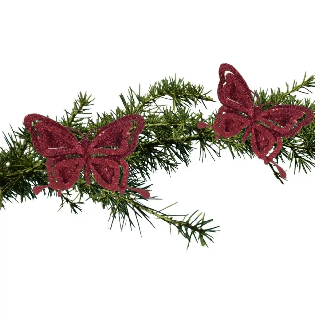 Cosy&Trendy Cosy & trendy Kerstboomversiering - 2x - vlinder op clip - bordeaux rood - glitter - kunststof - 14 cm