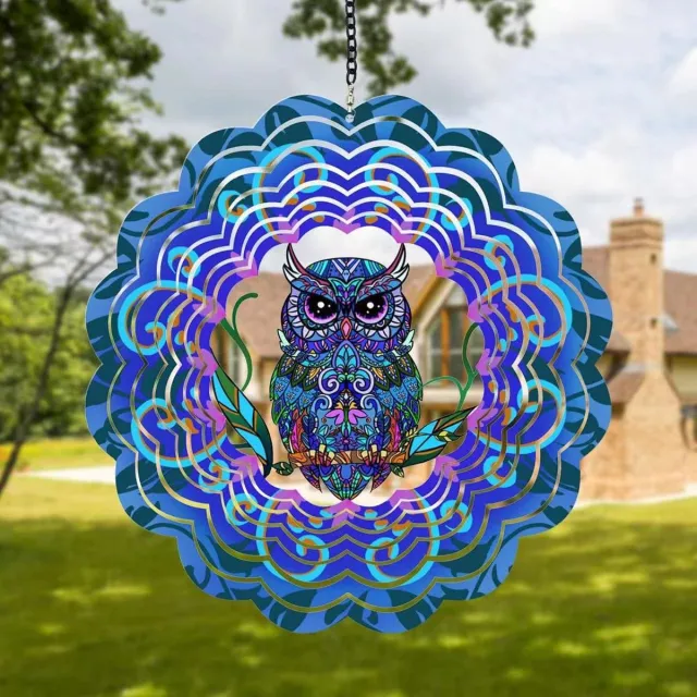 OEMG Uil windspinner, kleurrijk roestvrij staal, 3D tuin hangdecoratie, vogelverjager met draaibare haak,30cm Blauw