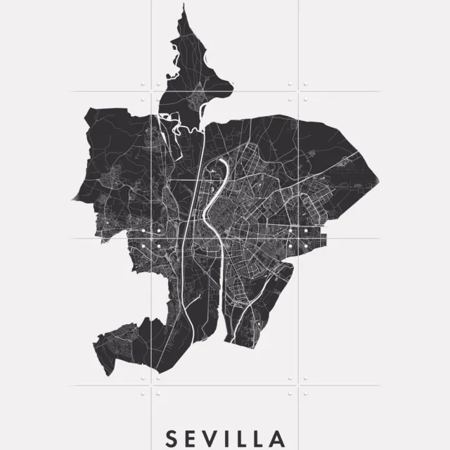 IXXI Sevilla City Map, Kunst in Kaart - 60 x 80 cm - Grote wanddecoratie en posters - Abstract, Minimalisme, Grafisch Ontwerp, Woonkamer Zwart en wit / Monochroom