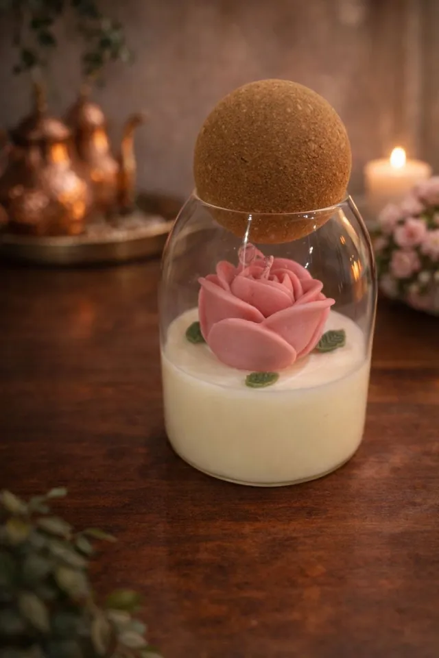 Lumen and Lux Candles Luxe Geurkaars in Glas met Rozen-Sculptuur en Kurken Bol - Handgemaakt - Cadeau voor haar - Moederdag ivoor