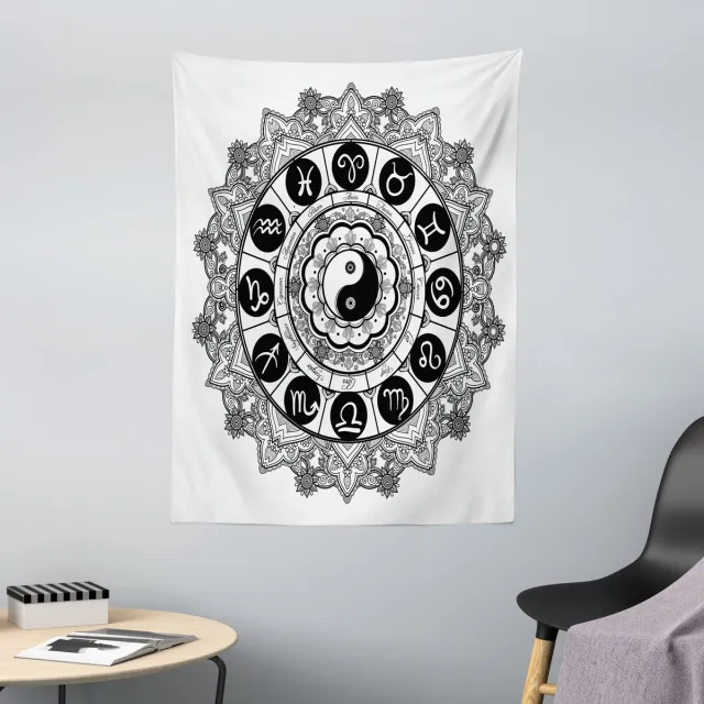ABAKUHAUS Yin Yang Wandtapijt, Rond Ontwerp met Dierenriemthema en Astrologisch Teken in het midden, 110 x 150 cm, Zwart-wit