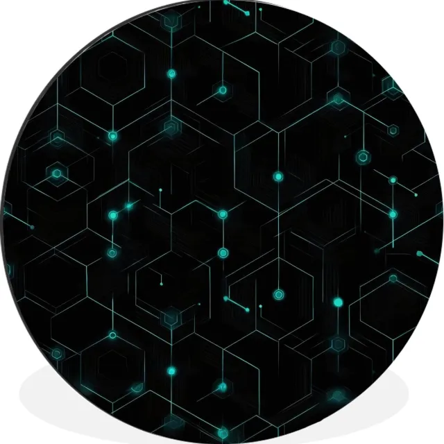 WallCircle Wandcirkel - Muurcirkel - Gaming - Netwerk - Blauw - Punten - Patroon - Aluminium - Dibond - 90x90 cm - Binnen en Buiten