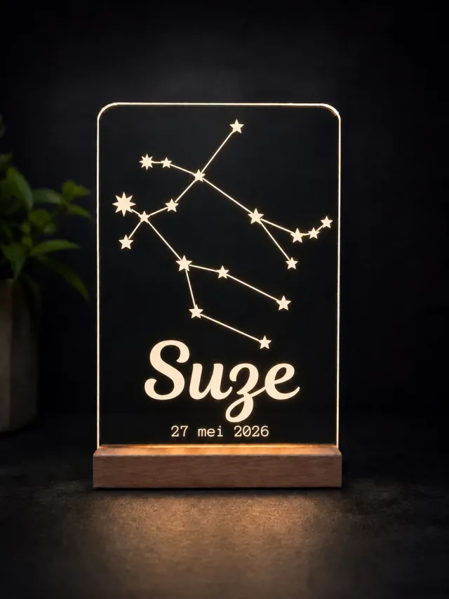 Laserloom Sterrenbeeld lampje Tweelingen - gepersonaliseerd met NAAM en GEBOORTEDATUM - LED 11cm x 16cm