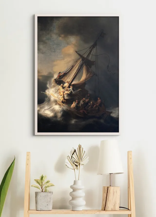 Esque Poster in Witte Lijst - Christus in de storm op het meer van Galilea - Rembrandt van Rijn - Large 70x50
