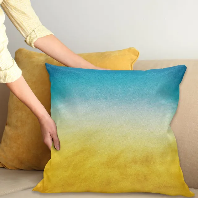 ABAKUHAUS Geel en Blauw Sierkussenhoes, Surf Golven Oceaan Strand Exotisch Dreamy Gradient Toned Blurry Landschap, Decoratieve Vierkante Sierkussenhoes, 100 x 100 cm, Lucht Blauw Geel