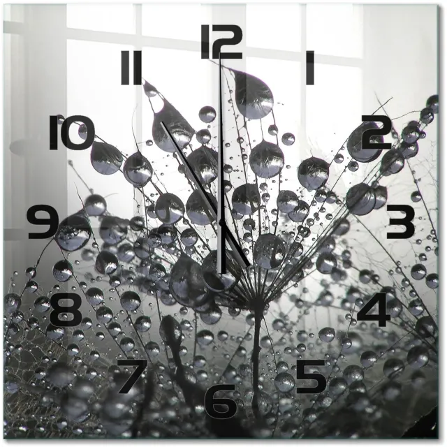 TULUP Wandklok - Paardenbloemzaden Moderne Wandklok Glas - 60x60 cm - Zwart-wit Wandklok Glas Decoratie - Zwarte handen - Vierkante Klok - Glazen Wandklok Design - Klok Glas Met Opdruk