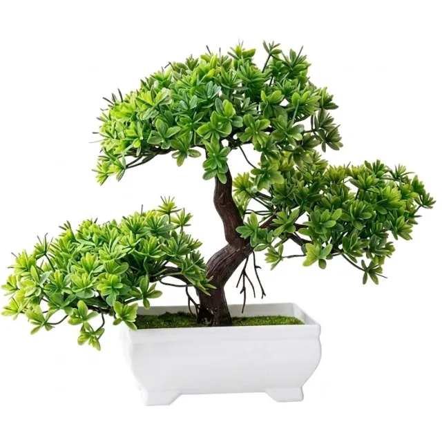 NUVEX Groene kunstplant bonsai potboom decoratie kunstplanten tafelmodel realistische kunstmatige plant in witte pot voor woonkamer kantoor en boekenkast Groen, Wit