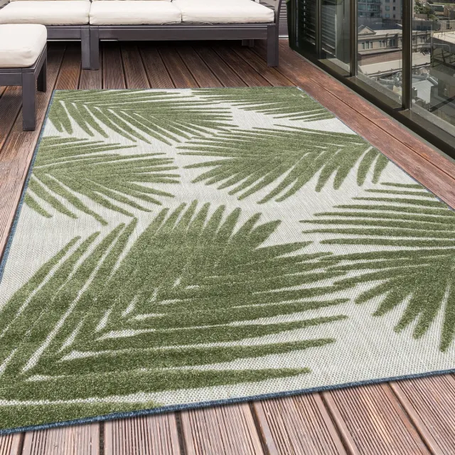 Tapijtenmagazijn Buitenkleed met palmboommotief, groene kleur, geschikt voor terras, balkon of keuken, met polypropyleen achterkant, afmeting: 140 x 200 cm