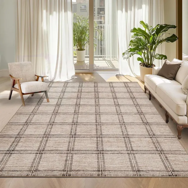 Triumpunpre Washbaar Vloerkleed - Opvouwbaar Printtapijt met geometrisch lijnpatroon met Antislip TPR Onderkant - Camel 120 x 170 cm