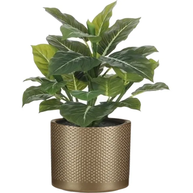 Mica Decorations Kunstplant Aroskelk - groen - H49 cm - in keramiek bloempot - goud - D15 x H13 cm - Philodendron - Kamerplanten Goudkleurig