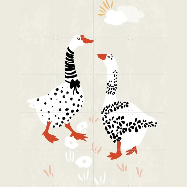 IXXI Two Goose Friends In The Meadow, Annick & Various - 80 x 100 cm - Grote wanddecoratie en posters - Digitale Kunst, Cartoonesk, Geometrische Wit