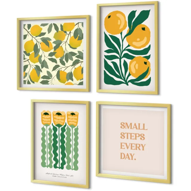 Coloray 4-Delige Schilderij Set - Plantenpatronen met bloemen en bladeren (posters) - 40 x 40 cm en 40 x 60 cm - Decoratieve Muurdecoratie - Slaapkamer - Interieur Decoratie Gouden lijst