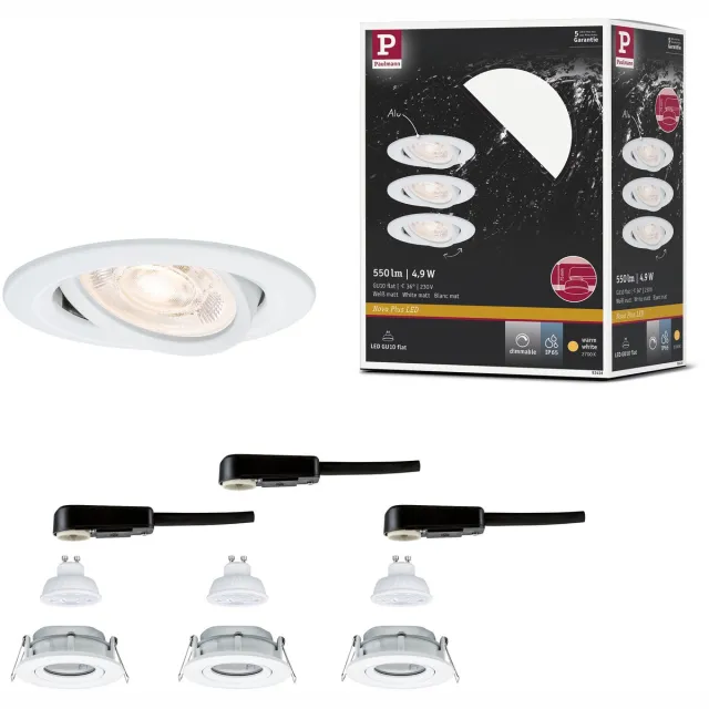 Paulmann LED-inbouwlamp Nova Plus GU10 Flat IP65 93 mm 3x4,9W 3x550lm 230V dimbaar 2700K Wit mat