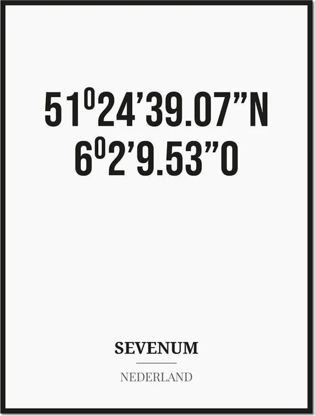 Studio216 Poster/kaart SEVENUM met coördinaten zwart, wit