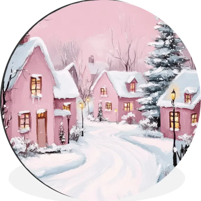 WallCircle Wandcirkel - Muurcirkel - Kerstdorp - Roze - Winter - Sneeuw - Huizen - Aluminium - Dibond - 90x90 cm - Binnen en Buiten Dorp - Winter