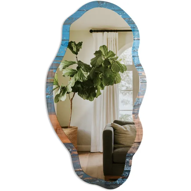 TULUP Houtstructuur Spiegel - Blauw Elegante Rechthoekige Wandspiegel - Organische Spiegel - Woonkamer, Kantoor, Hal - Rustiek - 45x90 cm - Totale afmeting 52x97 cm Houtnerfstructuur, Blauw