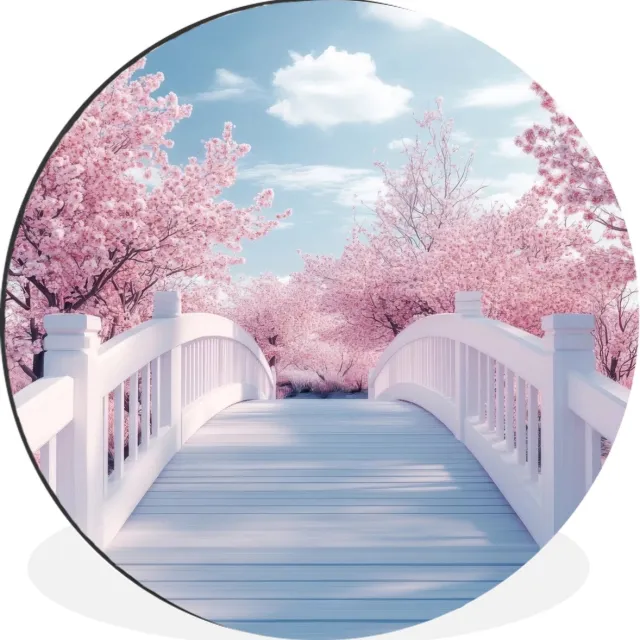 WallCircle Wandcirkel - Muurcirkel - Brug - Kersenbomen - Wit - Aluminium - Dibond - 120x120 cm - Binnen en Buiten Brug - Sakura