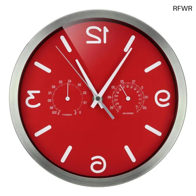 RFWR Radiogestuurde Wandklok met Thermo-Hygrometer en Geruisloos Uurwerk, Rood, 250 x 250 mm