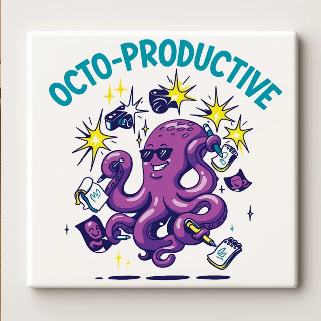 Nevolis Octo-Productive Tegel – 15x15cm Keramische Wanddecoratie – Grappig Octopus Productiviteit Ontwerp voor Kantoor, Huis of Cadeau Multi Color