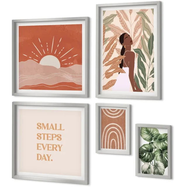 Coloray 5-Delige Schilderij Set - Boho Abstracte Vormen En Illustraties - 20 x 30 cm - Decoratieve Muurdecoratie - Slaapkamer - Woonkamer Decoratie Zilveren lijst
