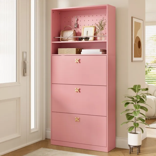 MIVRAY Schoenenkast - Smal Ontwerp Met 3 Klepvakken En 2 Open Vakken - Voor Hal En Entree - Spaanplaat - 80x24x178,5 Cm - Roze