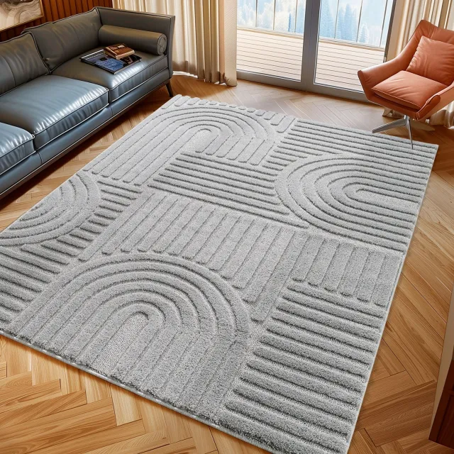 Moonay Kiyaro Lino Vloerkleed Grijs 140 x 200 cm - Japandi Scandinavisch - Geometrisch 3D Reliëf - Hoog- en Laagpolig