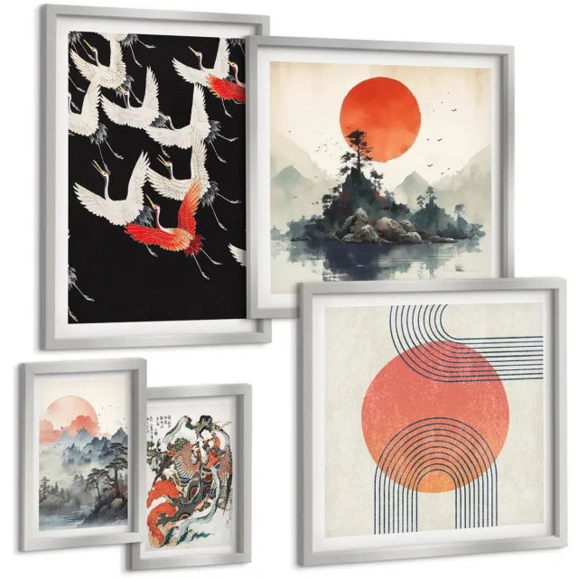 Coloray 5-Delige Schilderij Set - Aziatische Schilderijen: Landschappen En Portretten In De Japandi-Stijl. - 20 x 30 cm - Muurdecoratie - Wanddecoratie - Slaapkamer - Decoratieve Schilderijen Zilveren lijst