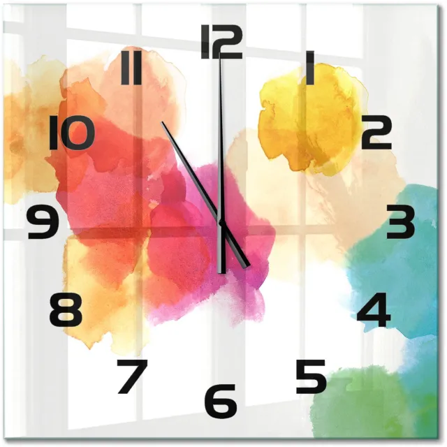 TULUP Wandklok - Kleurrijke vlekken Glazen Wandklok Design - 60x60 cm - Veelkleurig Klok Glas Met Opdruk - Zwarte handen - Vierkante Klok - Wandklok Glas Met Motief - Decoratieve Glazen Klok